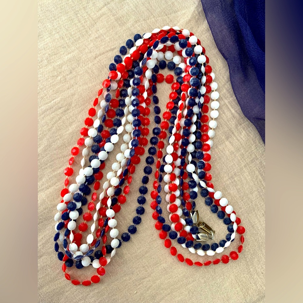 Hong Kong Red White Blue Three Strand Vintage Necklace